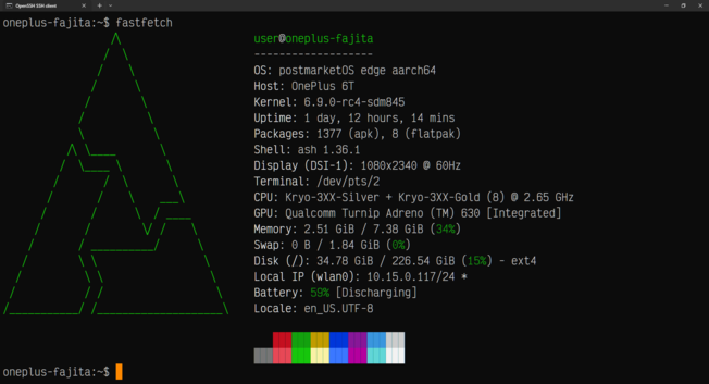 Screenshot of the output of the `fastfetch` command in a terminal, with the following text:

user@oneplus-fajita

OS: postmarketOS edge aarch64
Host: OnePlus 6T
Kernel: 6.9.0-rc4-sdm845
Uptime: 1 day, 12 hours, 14 mins
Packages: 1377 (apk), 8 (flatpak)
Shell: ash 1.36.1
Display (DSI-1): 1080x2340 @ 60Hz
Terminal: /dev/pts/2
CPU: Kryo-3XX-Silver + Kryo-3XX-Gold (8) @ 2.65 GHz
GPU: Qualcomm Turnip Adreno (TM) 630 [Integrated]
Memory: 2.51 GiB / 7.38 GiB (34%)
Swap: 0 B / 1.84 GiB (0%)
Disk (/): 3…