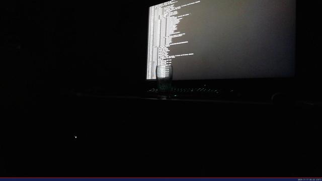 Webcam capture of a completely dark room. The brightest thing is a large monitor displaying a linux console. In front of it, a drinking glass can be made out. Below the monitor, a keyboard is lit up in green. 