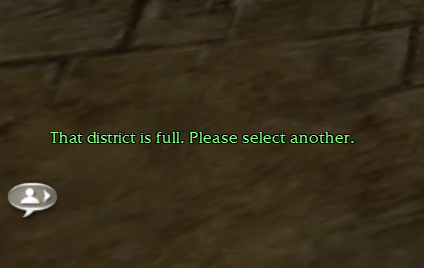 Screenshot of the chat window in Guild Wars. There is a message in green that reads "That district is full. Please select another."