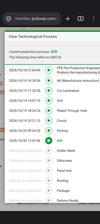 Screenshot of the PCBWay website listing every step of producing a printed circuit board with a corresponding timestamp. The current step is "AOI", the last step was "Etching".